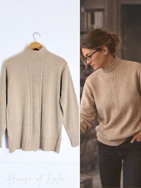 Vintage Wheat Mock Neck Cable Knit Sweater L Cozy Minimal Old Money